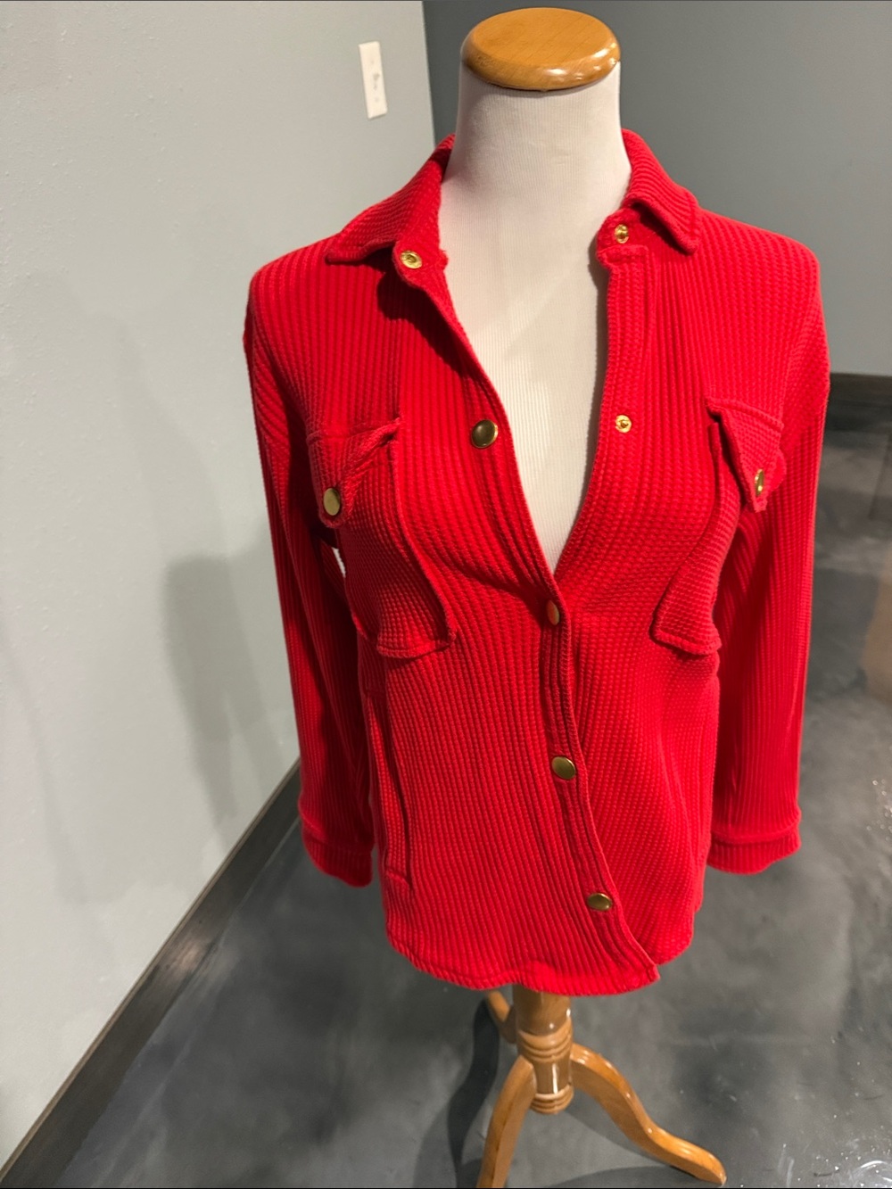 J. crew Red Waffle Snap-Front Jacket with Gold Snaps